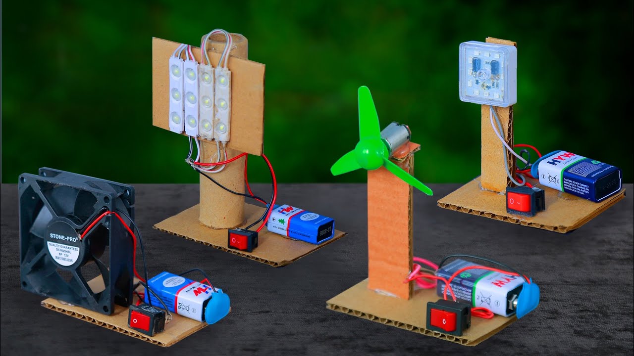 4 different item made of cardboard DC motor LED module cooling fan