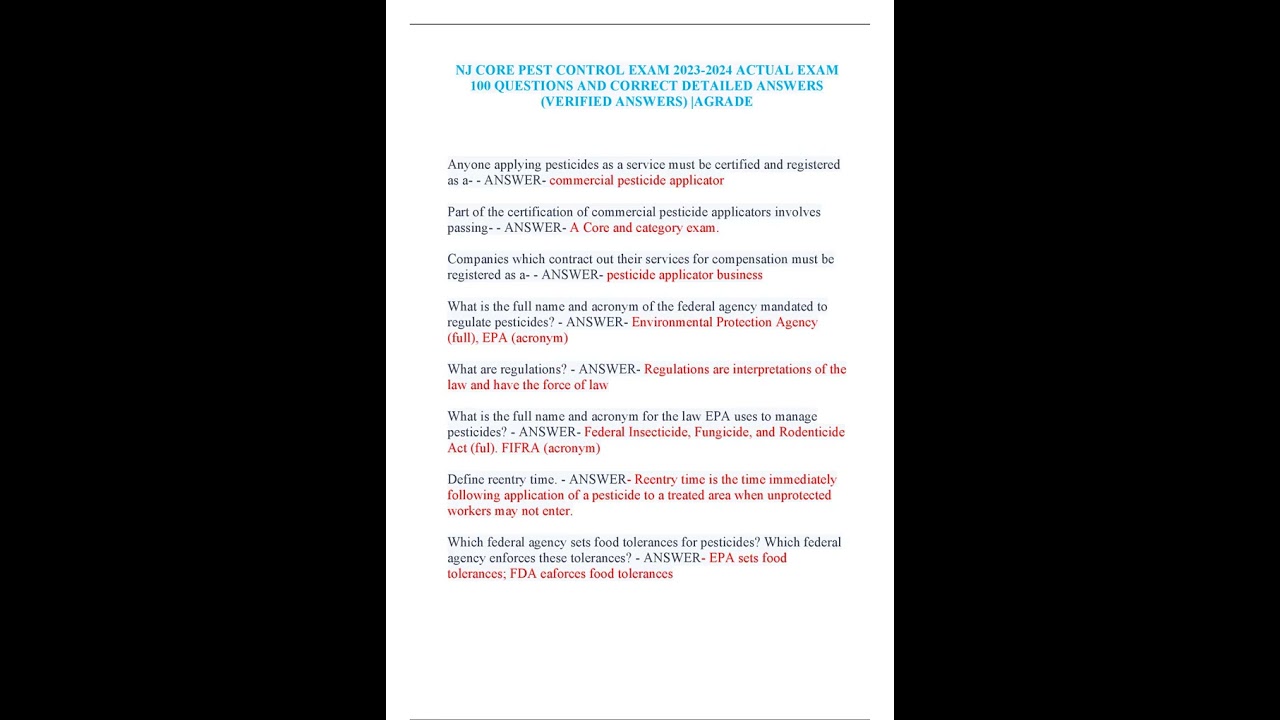 NJ CORE PEST CONTROL EXAM 2023 2024 ACTUAL EXAM 100 QUESTIONS AND CORRECT DETAILED ANSWERS VERIFIED