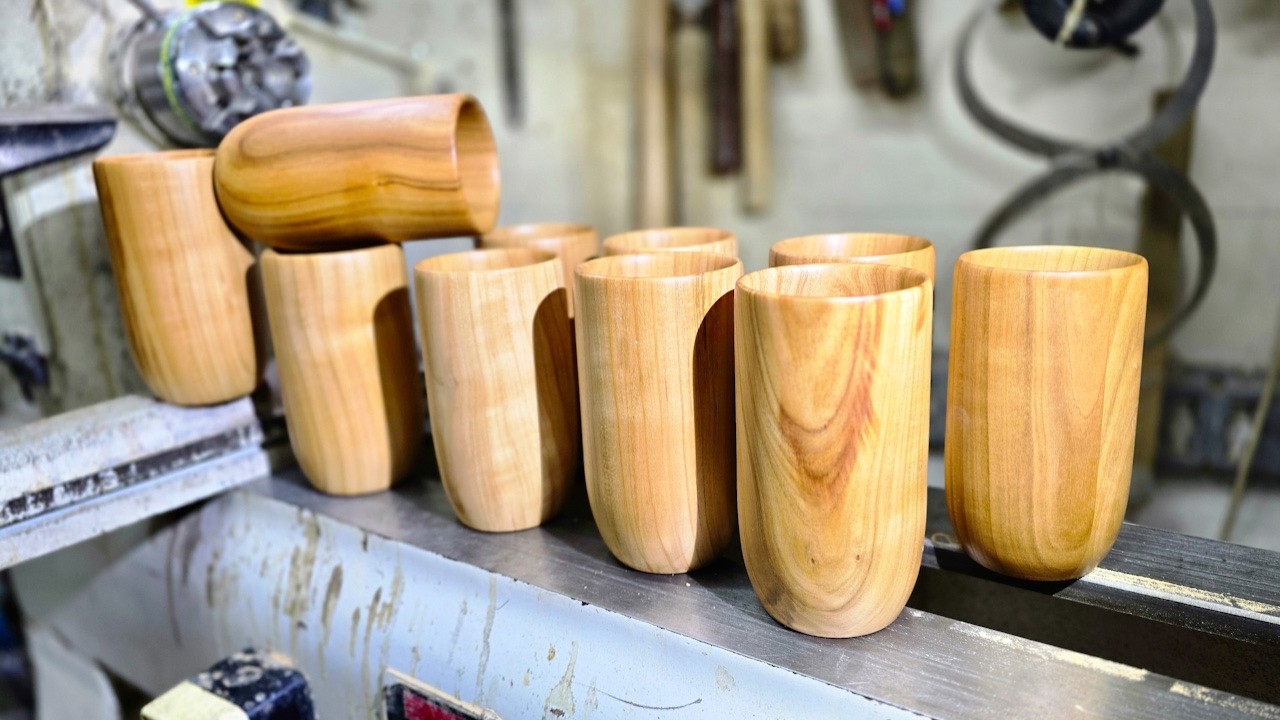 Turning 10 Wooden Mugs from Cherry Wood – Handmade Rustic Coffee Cup Set
