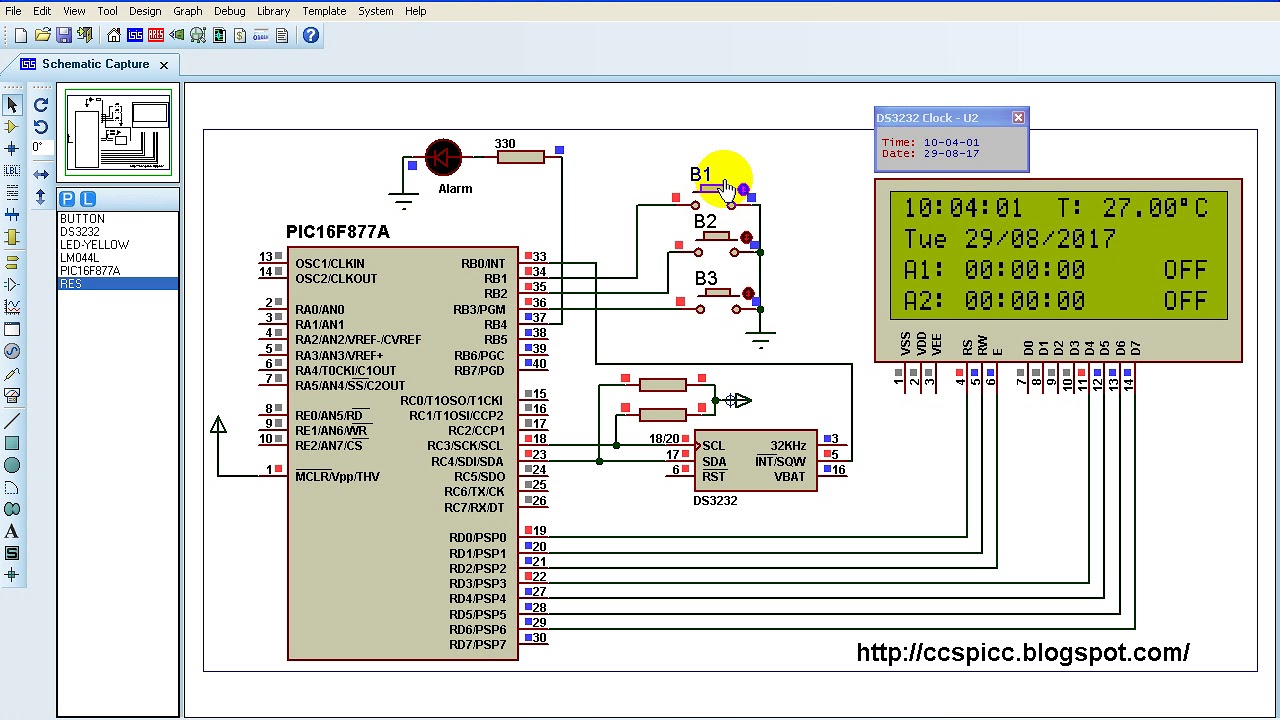 Real time clock & calendar with 2 alarms and temperature sensing using PIC16F877A and DS3231 (Simu)