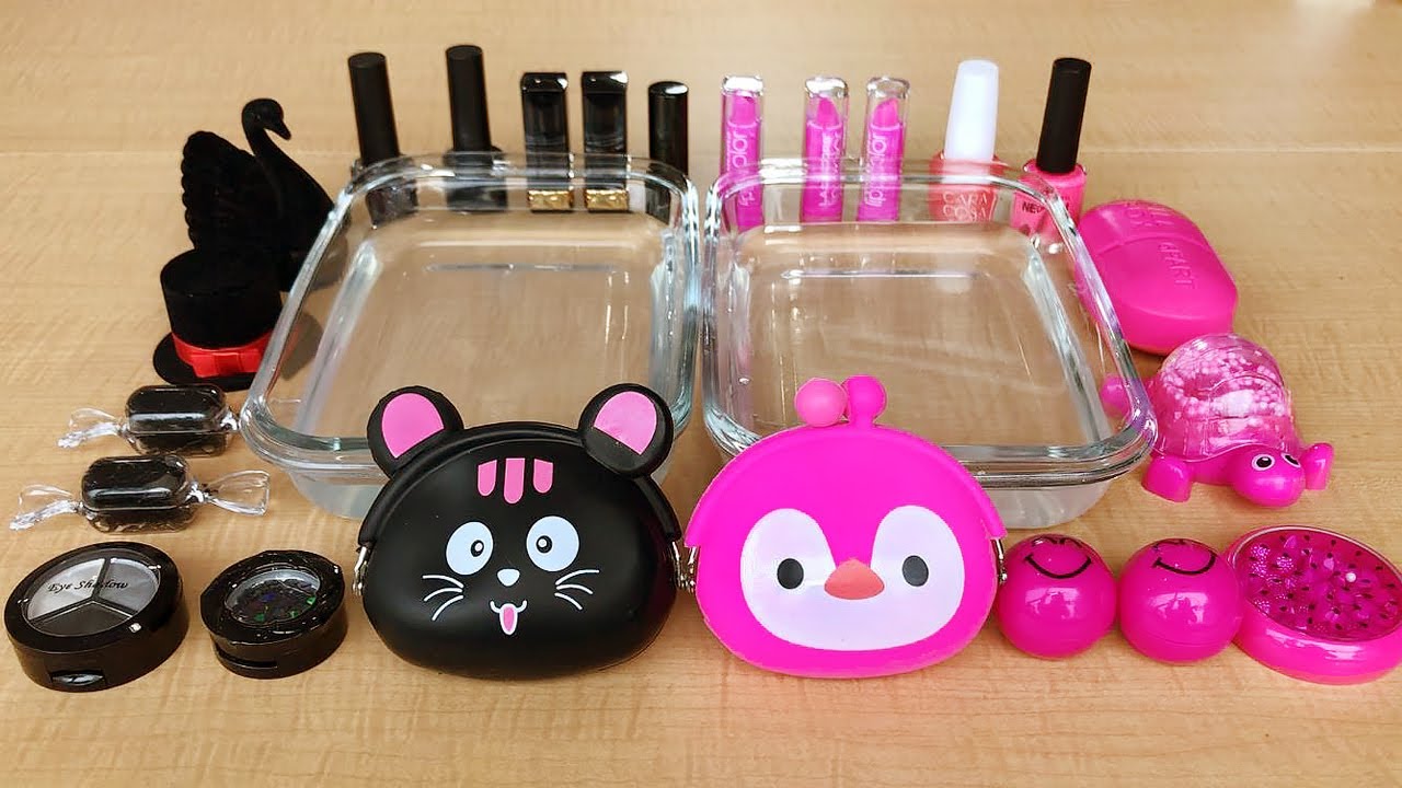 Mixing Makeup Eyeshadow Into Slime! Black vs Hot Pink Special Series #22 Satisfying Slime Video