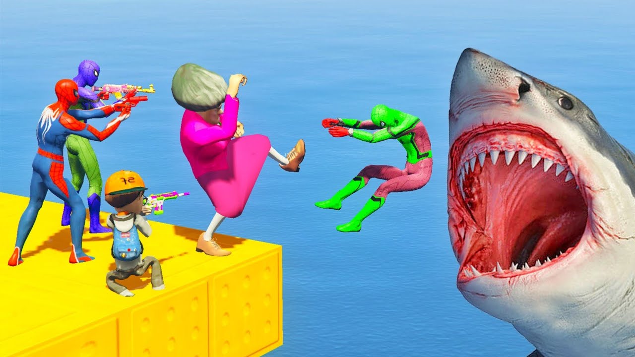 Scary Teacher 3D — Мисс Т бросает цветных пауков голодной акуле в море — игровая анимация