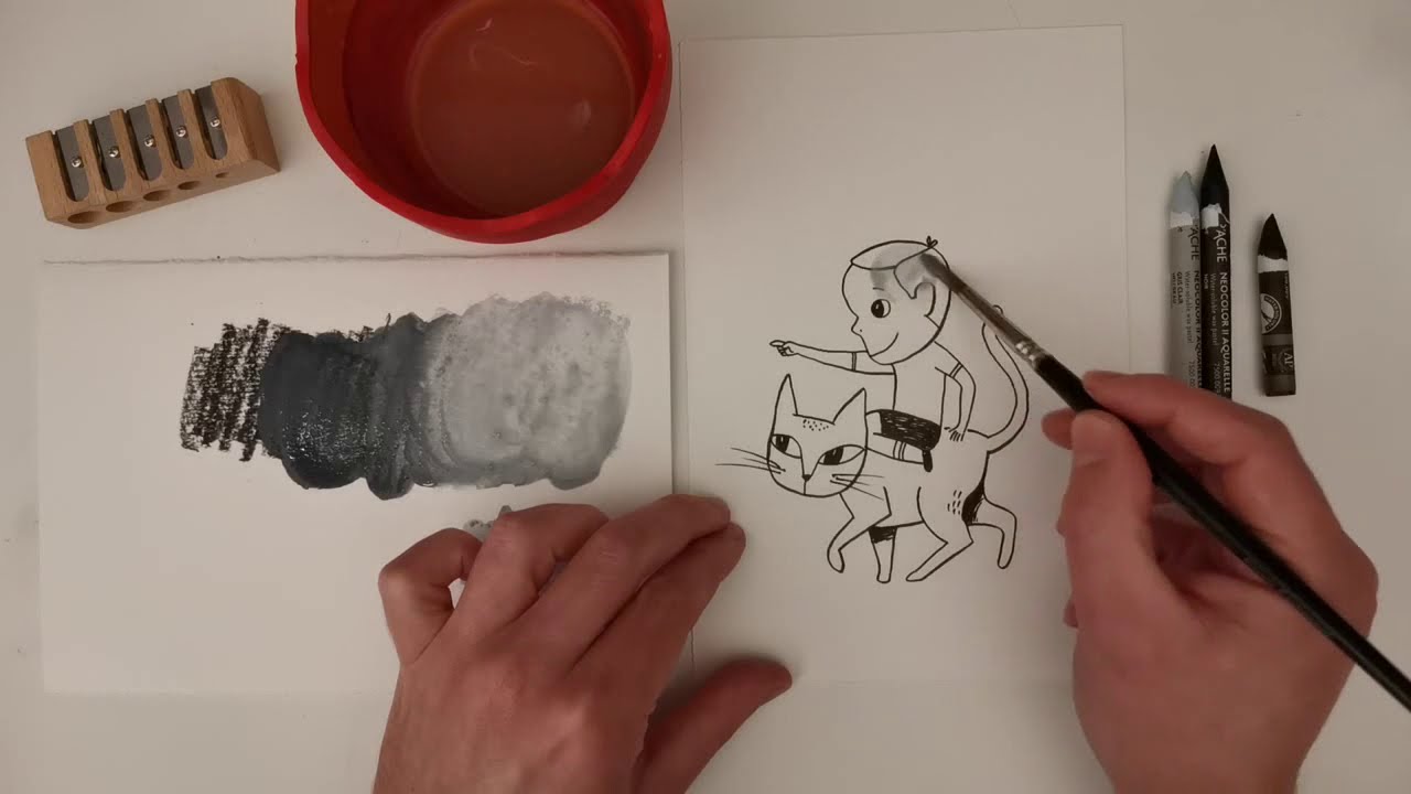 Técnica de ilustración en blanco y negro: ceras Neocolor de Caran D'Ache acuarelables