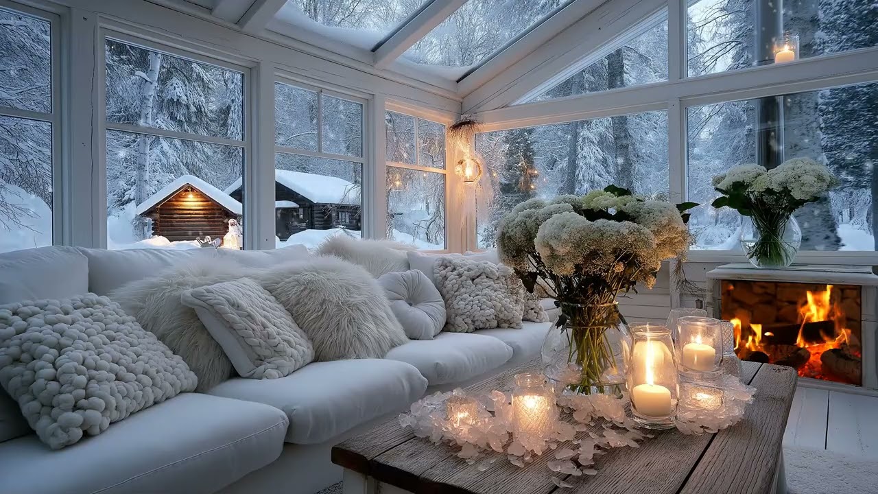 ❄️ Gentle Snow Piano | Warm Lounge with Fireplace for 5 Hours | Deep Focus Meditation Study Sleep
