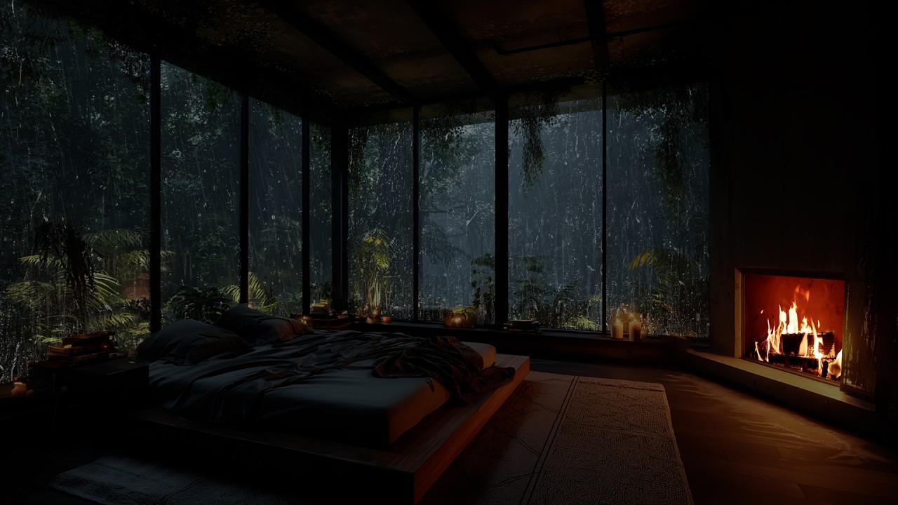 Healing Sleep at Night 🌧️ Rain and Fireplace in a Warm Cozy Bedroom for Deep Rest