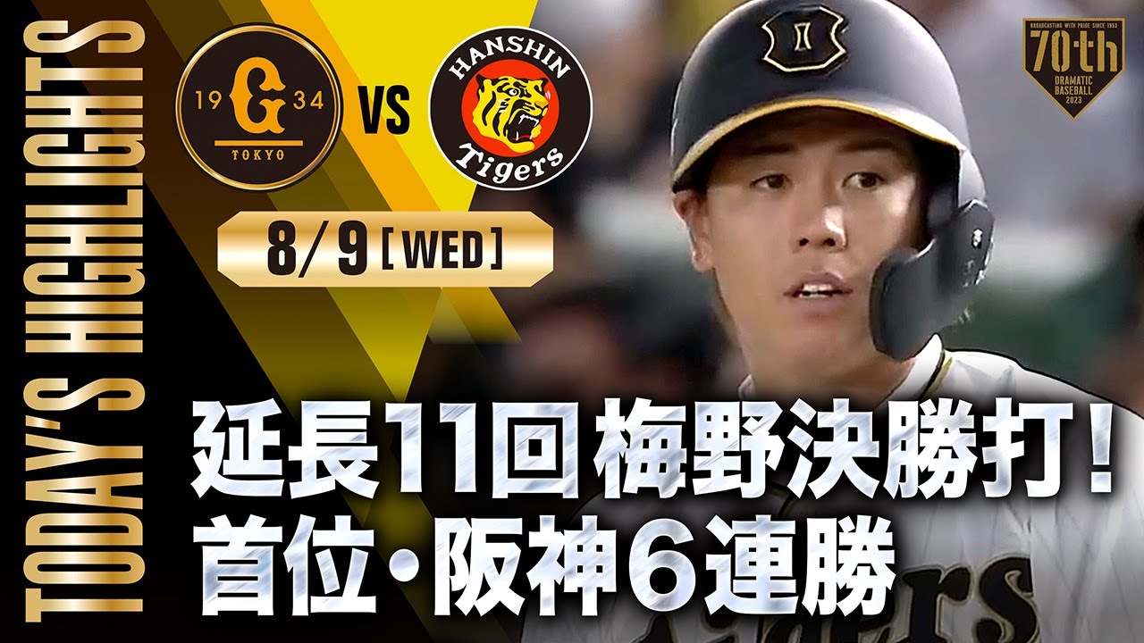 【ハイライト・8/9】延長11回梅野決勝打！首位・阪神6連勝【巨人×阪神】