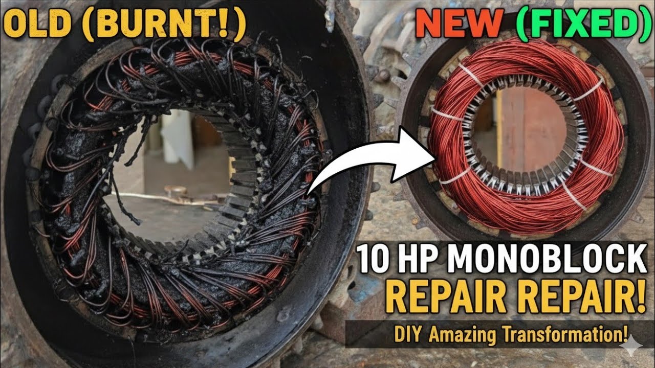 Monoblock Motor 10HP Rewinding Full Video | Coil Fitting & Connection