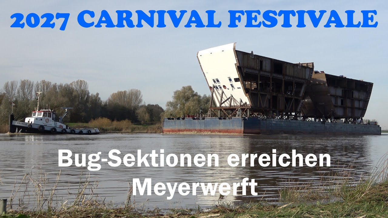 Transport von Bug-Elementen für CARNIVAL FESTIVALE auf der Ems zur Meyerwerft Papenburg