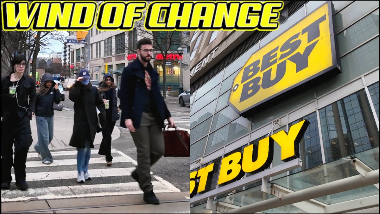 Рекордная жара? Прогулка при температуре 14°C в ветреном магазине Best Buy в центре Торонто за но...