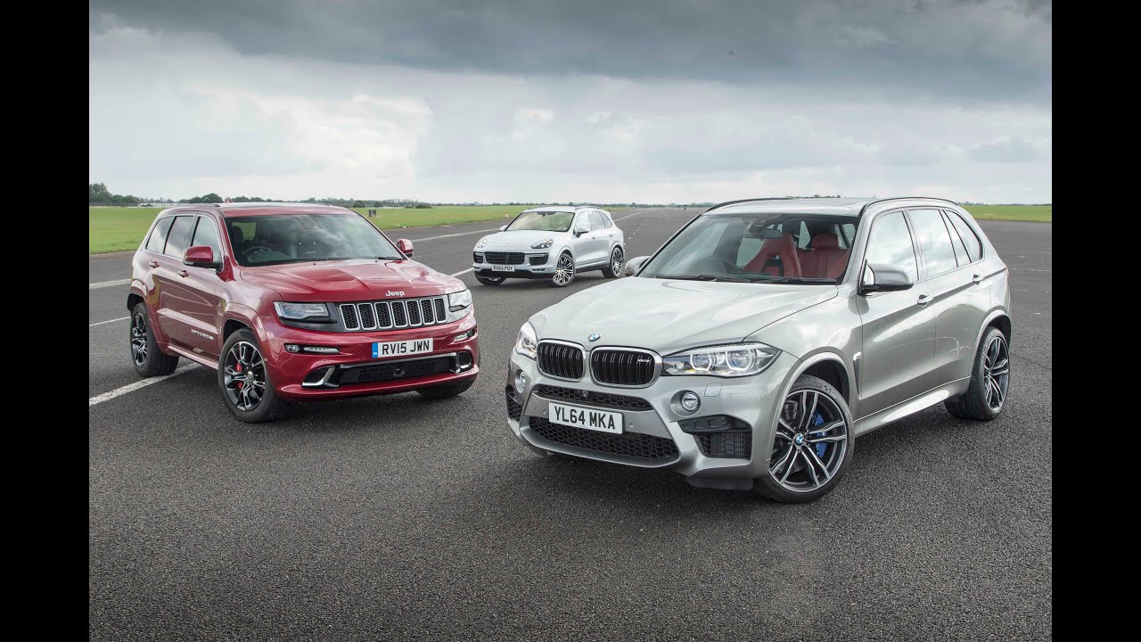 Jeep Grand Cherokee SRT vs Porsche Cayenne Turbo S vs BMW X5 M - performance SUV drag race