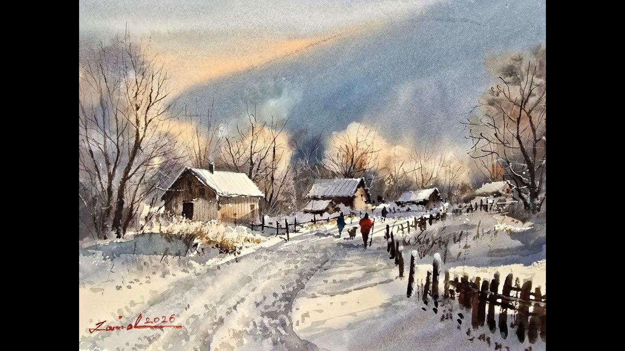 How to Paint a Snowy Village Landscape in Watercolor - Step by Step