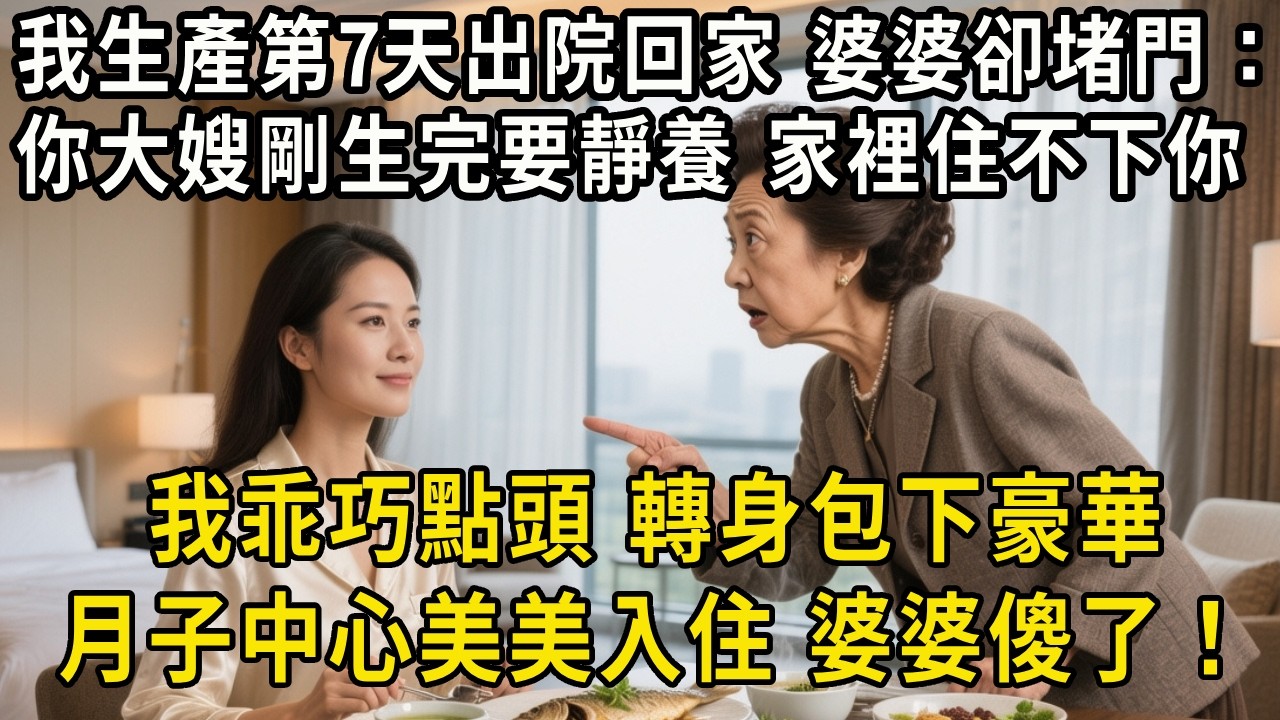 我生產第7天出院回家，婆婆卻堵門：你大嫂剛生完要靜養，家裡住不下，你回娘家讓你媽伺候你去！我乖巧點頭,轉身包下豪華月子中心美美入住，婆婆傻了！#中老年生活 #為人處世 #生活經驗 #情感故事