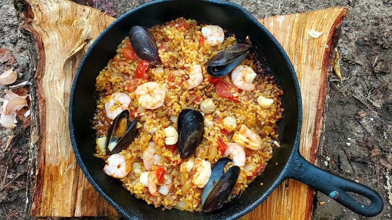 Seafood Paella With Chorizo | Best Food For Camping | Cast Iron Skillet Cooking