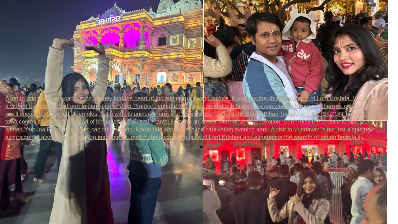“Prem Mandir ki roshni ✨ISKCON ki shanti 🙏Vrindavan ne dil jeet liya 💙”