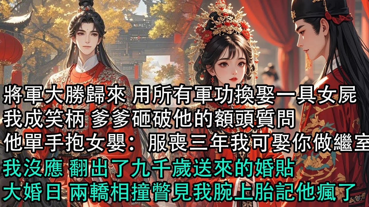 【一口氣看完】將軍大勝歸來 用所有軍功換娶一具女屍，我成笑柄 爹爹砸破他的額頭質問，他單手抱女嬰：服喪三年我可娶你做繼室，我沒應 翻出了九千歲送來的婚貼，大婚日 兩轎相撞瞥見我腕上胎記他瘋了