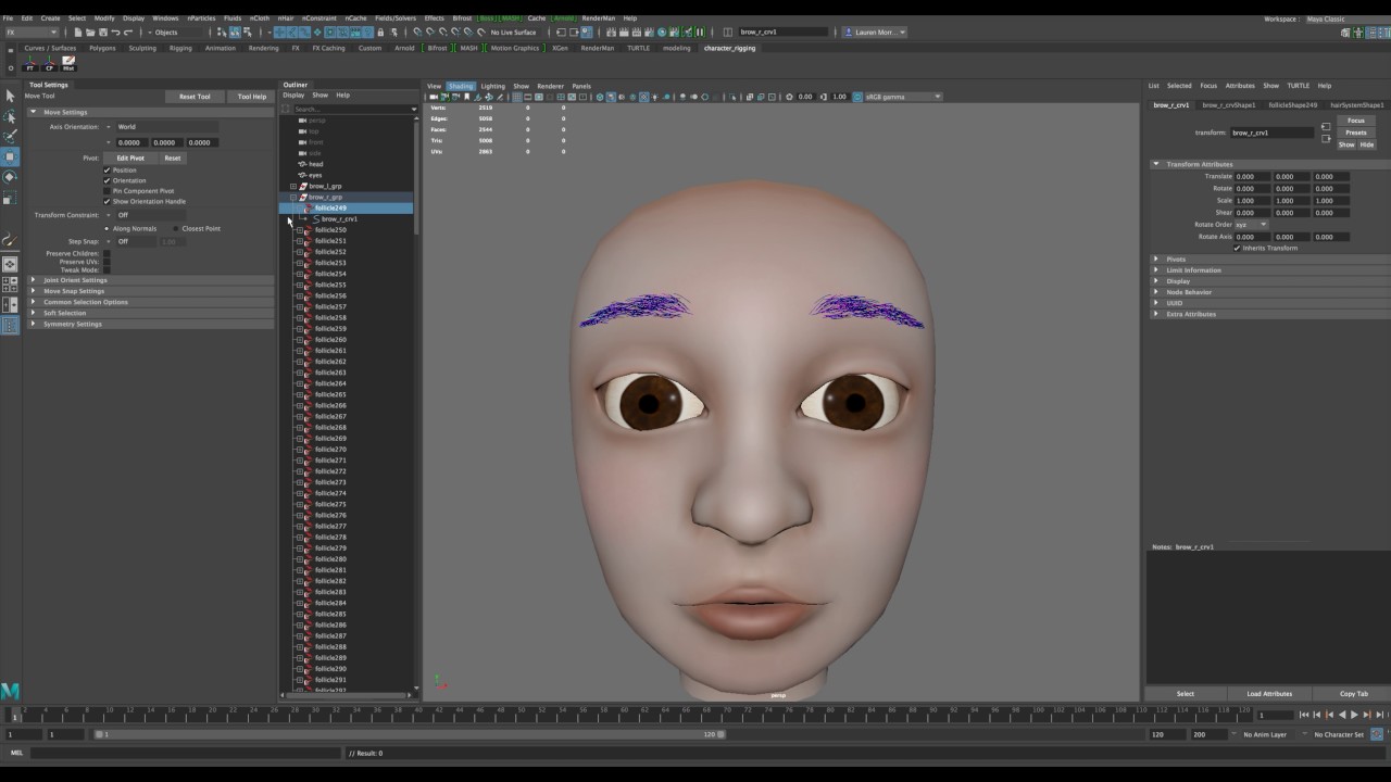 Using nHair to create eyebrows for a character in Maya
