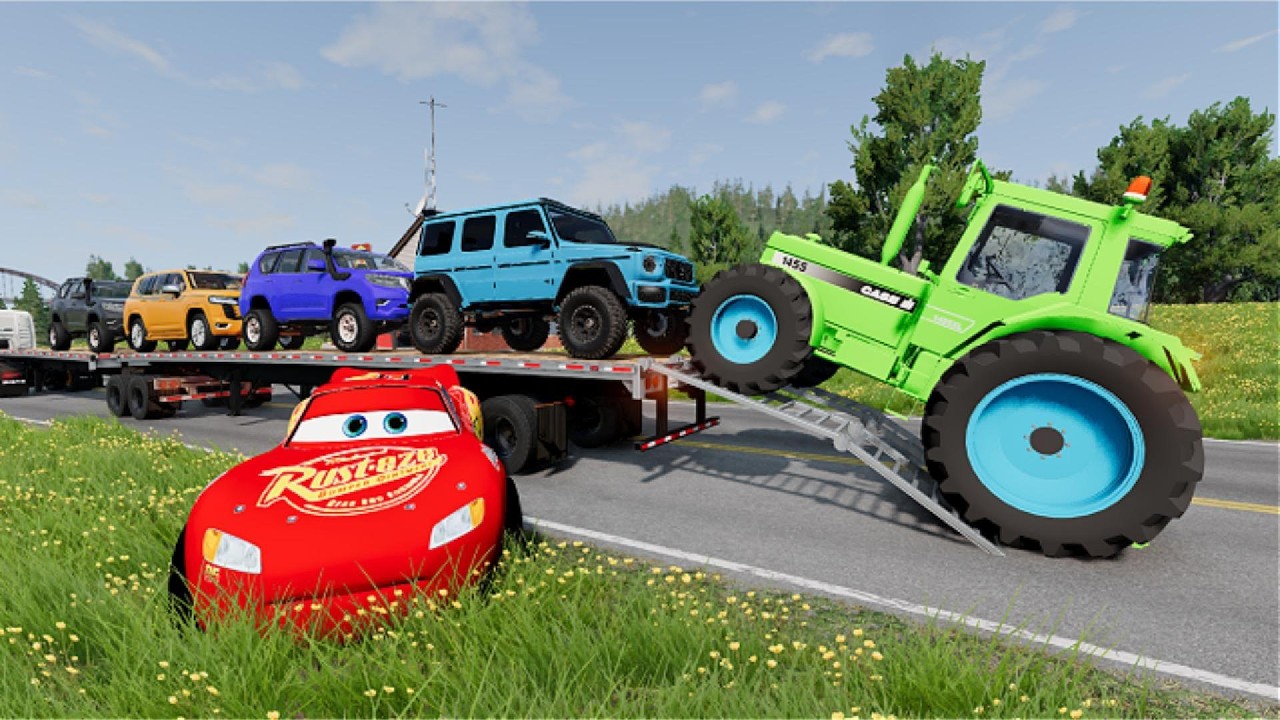 Flatbed Trailer McQueen Transportation with Truck - Speedbumps vs Cars vs Train - BeamNG.Drive