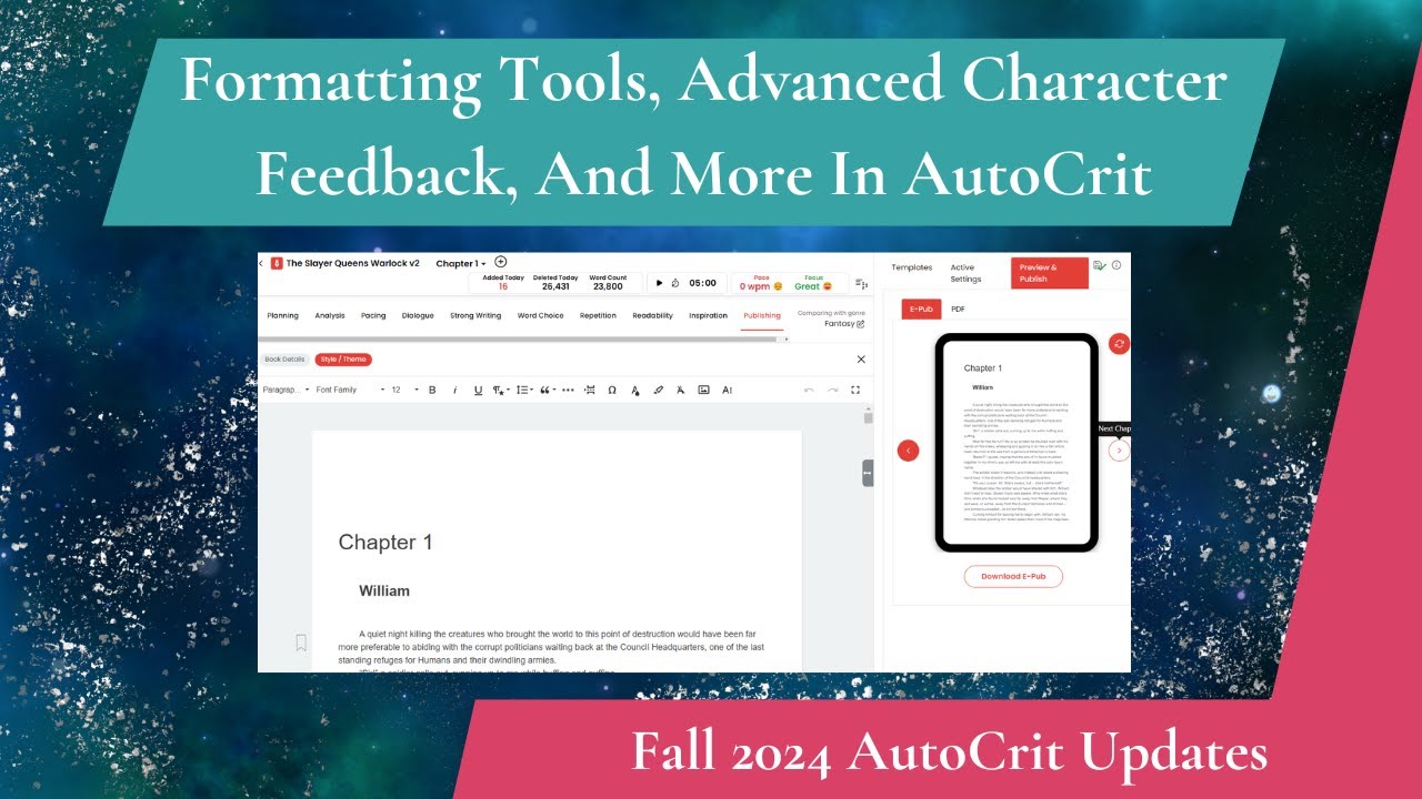 ePub/Print PDF Formatting, Advanced Character Feedback, And More AutoCrit Updates: Fall 2024