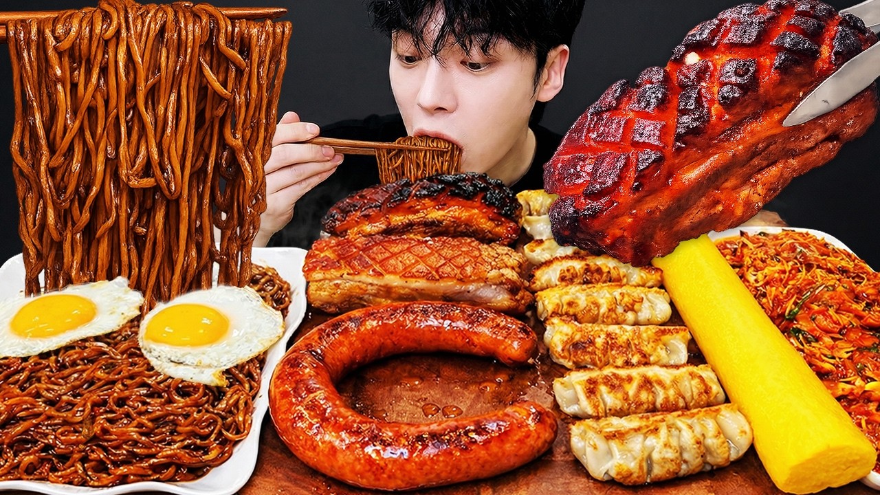 ASMR MUKBANG Домашняя грудинка, лапша в черном соусе, пельмени и колбаски шоу