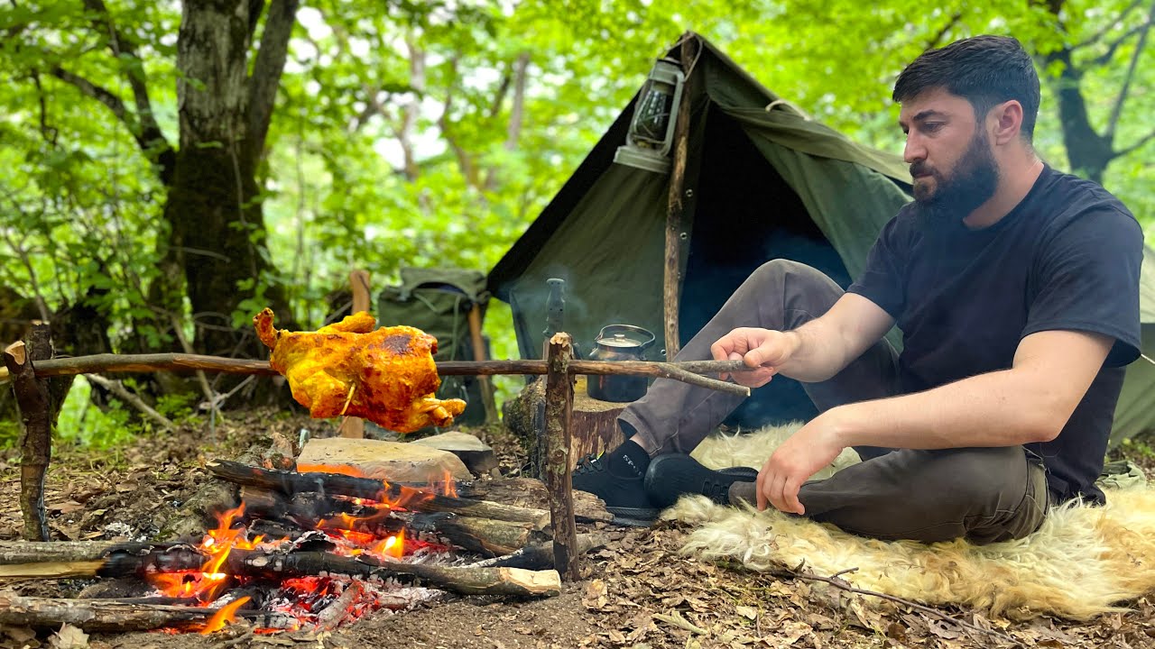 Solo Bushcraft Camping in Tent Shelter: Relaxing Night in a Nature - Campfire Cooking