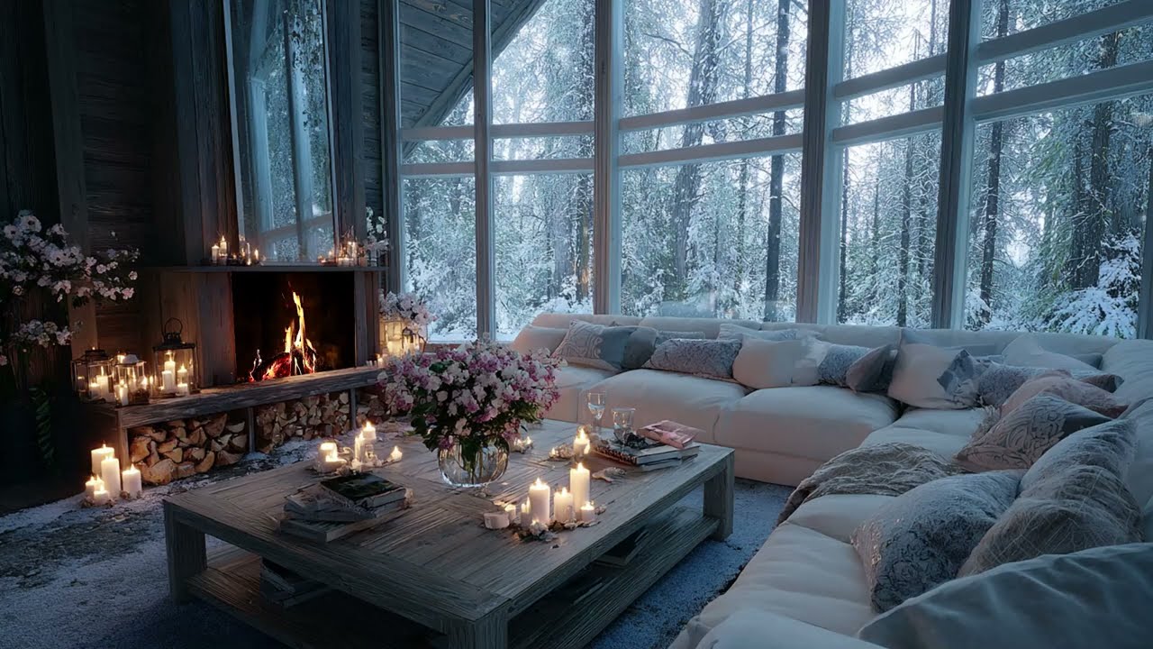 Quiet Cabin Solitude: Peaceful Piano Music with Fireplace and Snowy Window Ambience