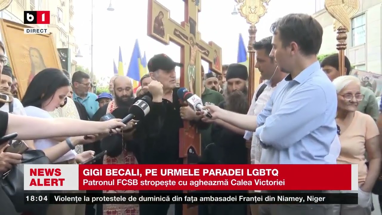 GIGI BECALI, PE URMELE PARADEI LGBTQ.  BECALI STROPEȘTE CU AGHEAZMĂ PE CALEA VICTORIEI_Știri B1
