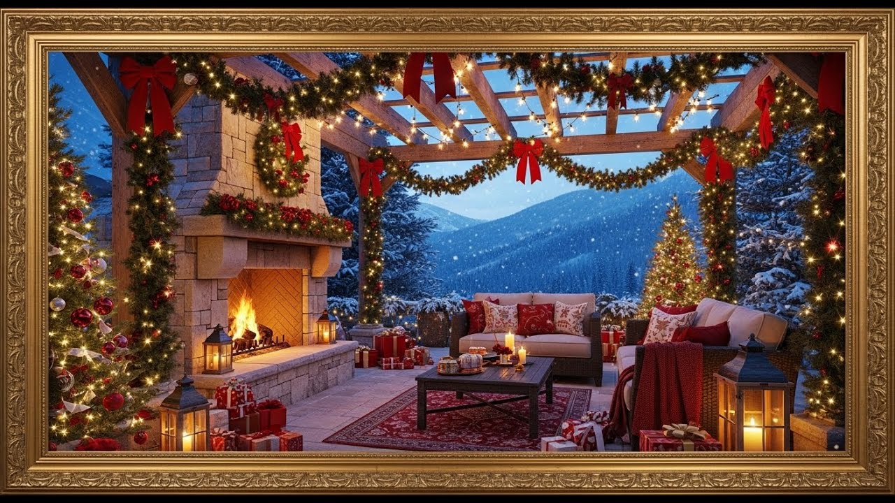 Frame TV Art - Frame Art TV with Music: Cozy Christmas Patio Retreat: Outdoor Stone Fireplace