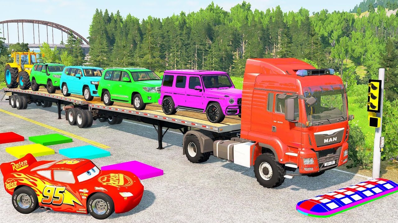 Triple Flatbed Trailer McQueen Transportation with Truck - Speedbumps vs Cars vs Train - BeamNG