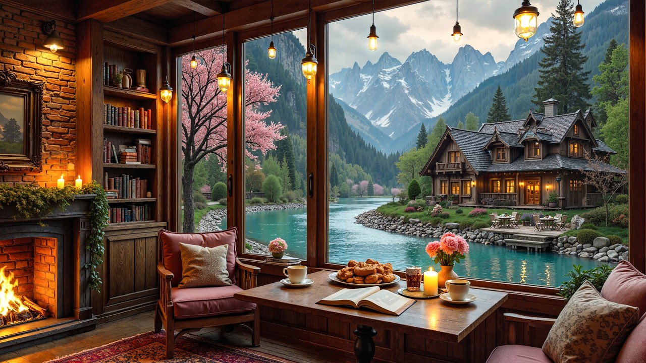 Relaxing Spring Cabin Café Jazz | Cozy Ambience with Gentle Jazz for Studying , Reading