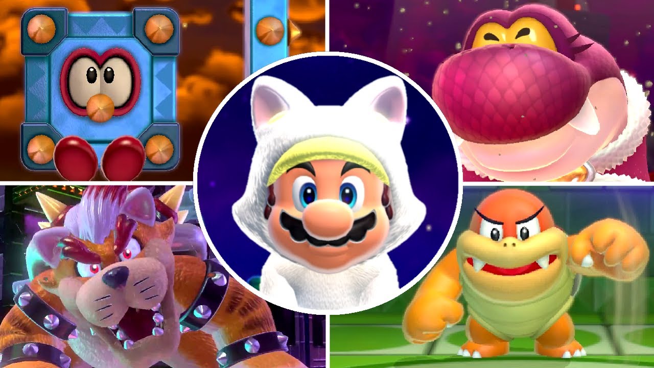 Super Mario 3D World - All Bosses with White Cat Mario