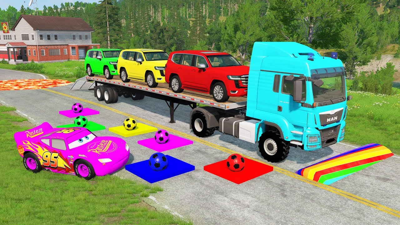 Flatbed Truck McQueen | Transportation with Truck - Pothole vs Car #79 | BeamNG.Drive Gameplay