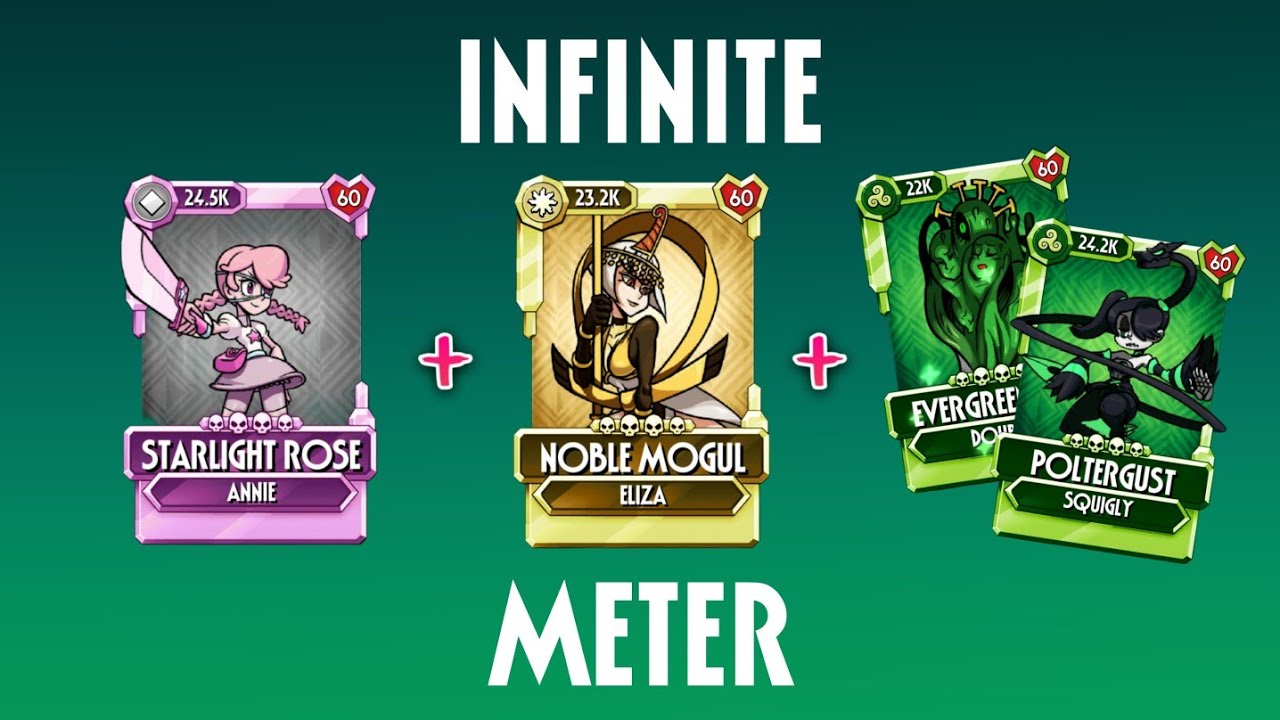 Starlight Rose + Noble Mogus + Evergreen Evil/Poltergust team showcase, skullgirls mobile