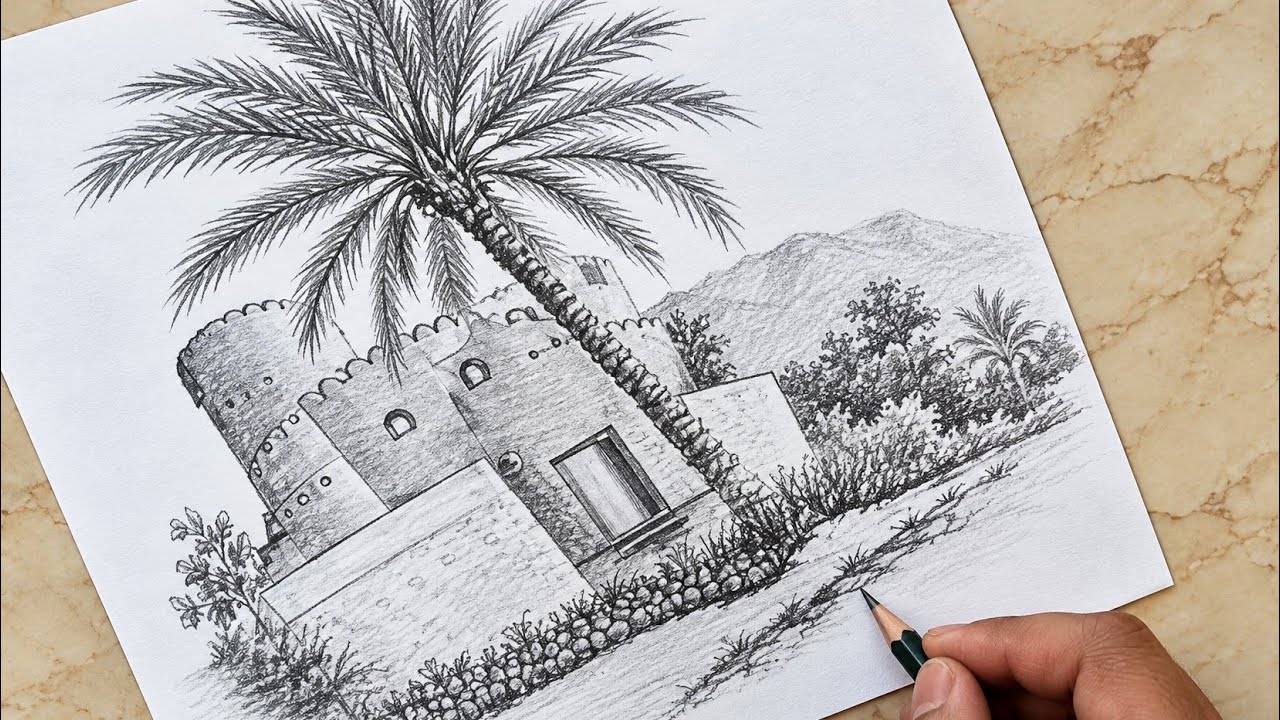 رسم مشاهد من بلادي .الطبيعة العمانية الجميلة