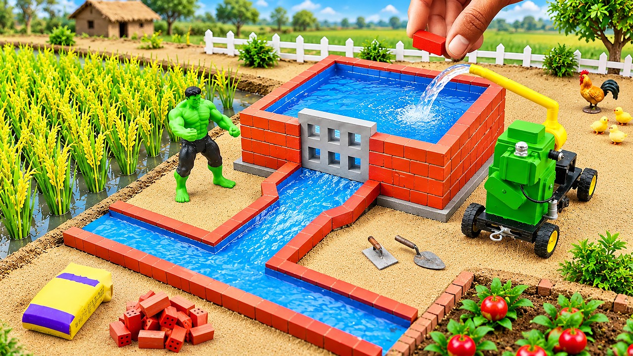DIY Mini Tractor Builds Strong Brick Water Tank For Watering Plants | Construction Science Project