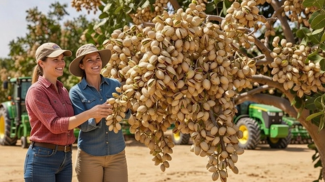 How Pistachio are Grown In USA dessert | From Flowering to Super Large Ripe Pistachio Harvest