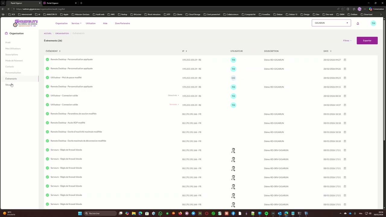 Portail de services Gigarun : administration, accès client et connexion Bureau à distance