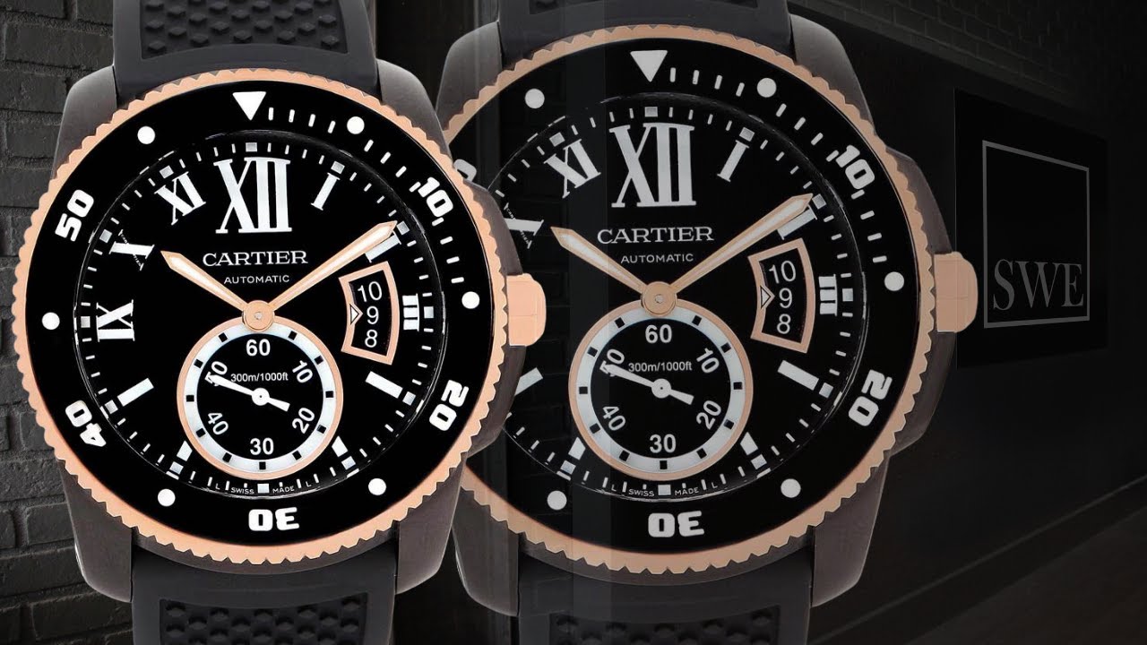 Cartier Calibre Diver Carbon Rose Gold Rubber Strap Watch W7100055 | SwissWatchExpo