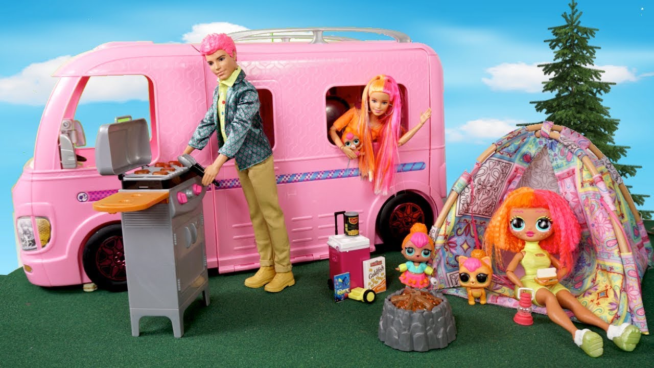 Barbie Doll LOL Family Camping Trip Adventure with Neonlicious