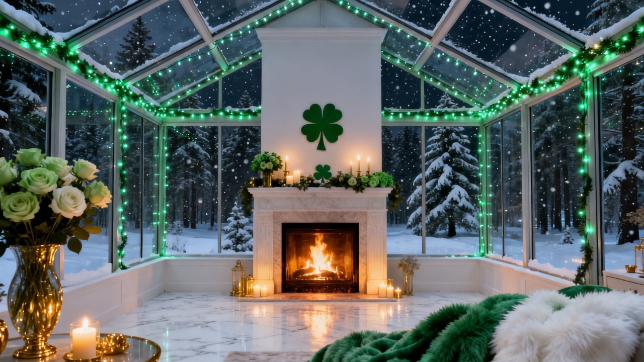 🍀❄️ Cozy St Patrick’s Snow Room ✨ Relaxing Acoustic Guitar & Fireplace Ambience