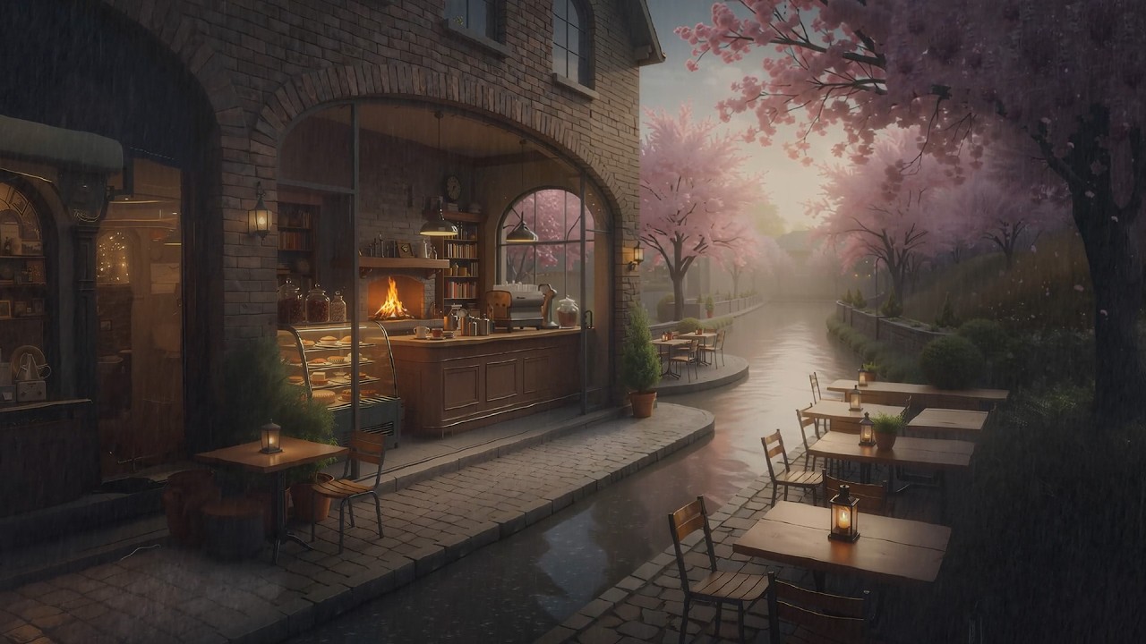 Your Springtime Refuge 🌸 Floral Rain, Cozy Fireplace & Soft Jazz Overlooking the River