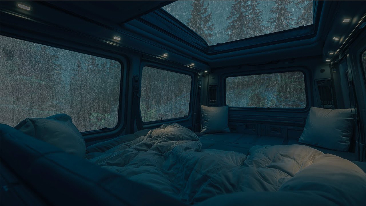 10 Hours⚡️ Rainy Camper Van Ambience In Woods To Ease Anxiety And Sleep Fast