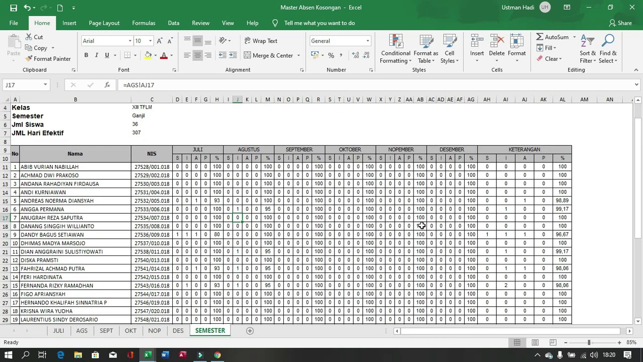 Cara menggunakan master #absen #siswa satu semester kosongan file #excel 2019