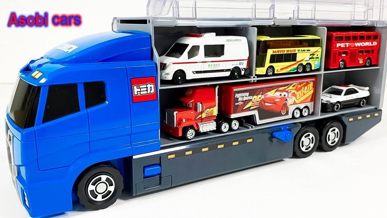 トミカ☆働く車とスポーツカーを開封！ダンプ・救急車・消防車をコンボイに積み込み！Tomica Working Cars Convoy Truck Loading!