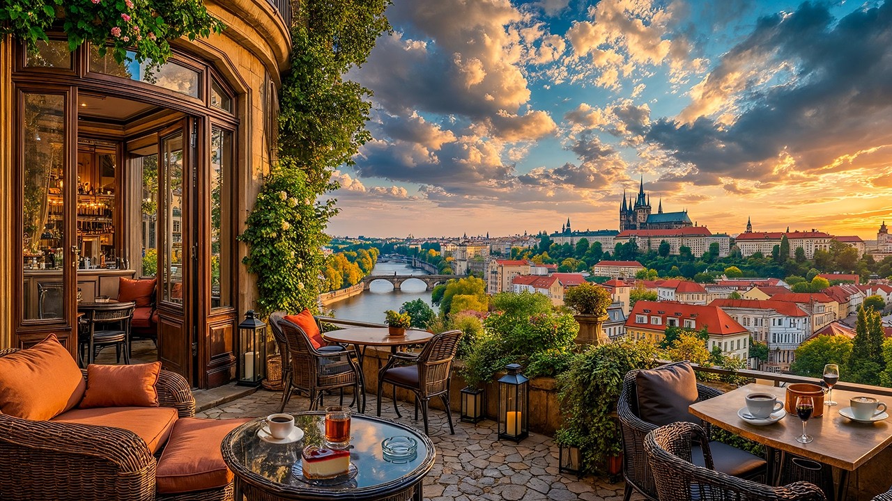 Prague Balcony Sunset Jazz ☕ Coffee Shop Ambience & Relaxing Jazz Instrumental Music for Study, Work