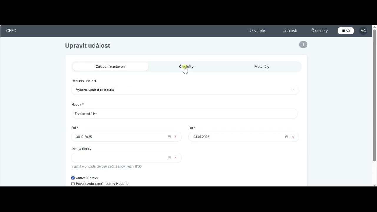 CEED - Menu události - založení