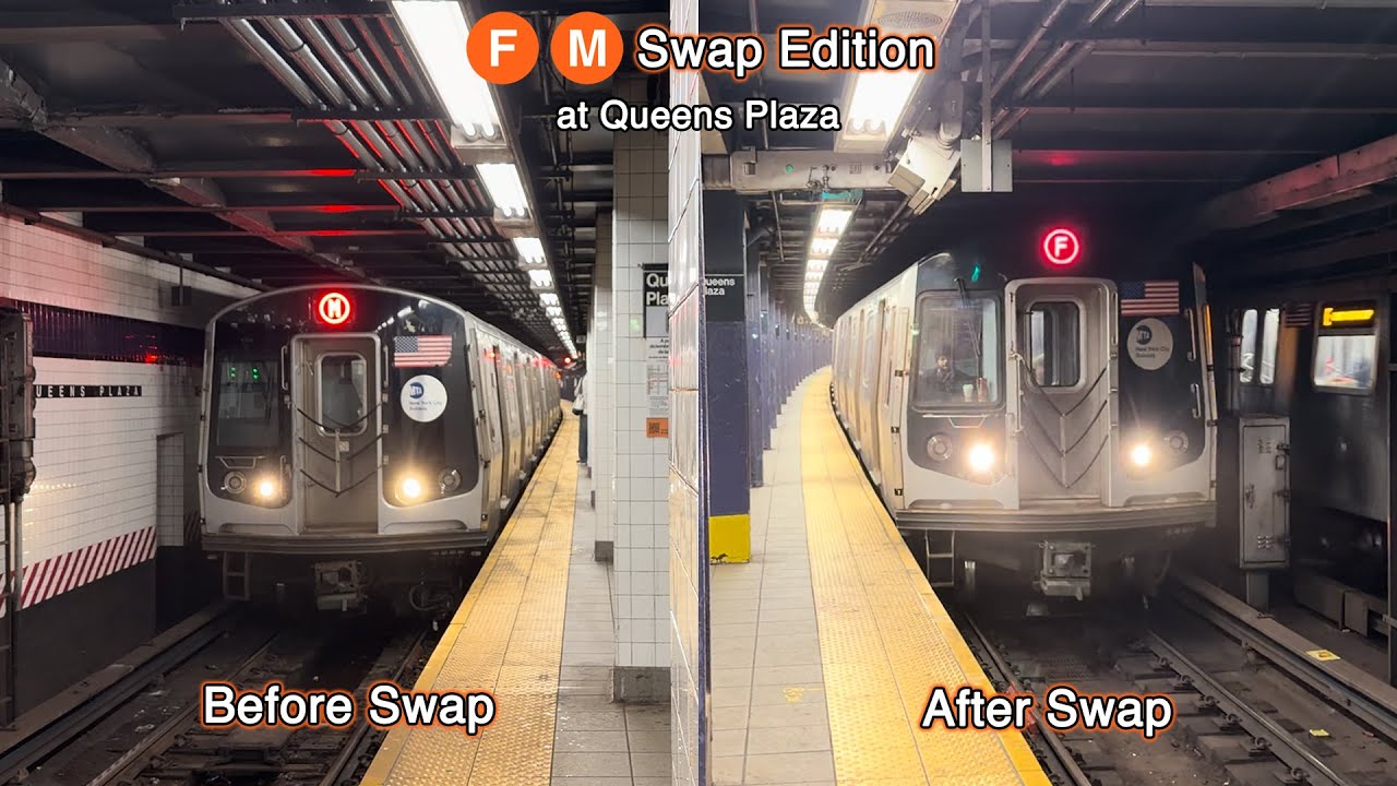 Before/After F/M Swap: R160/R179 E, F Express, M, R Local, and R42 Garbage Trains at Queens Plaza
