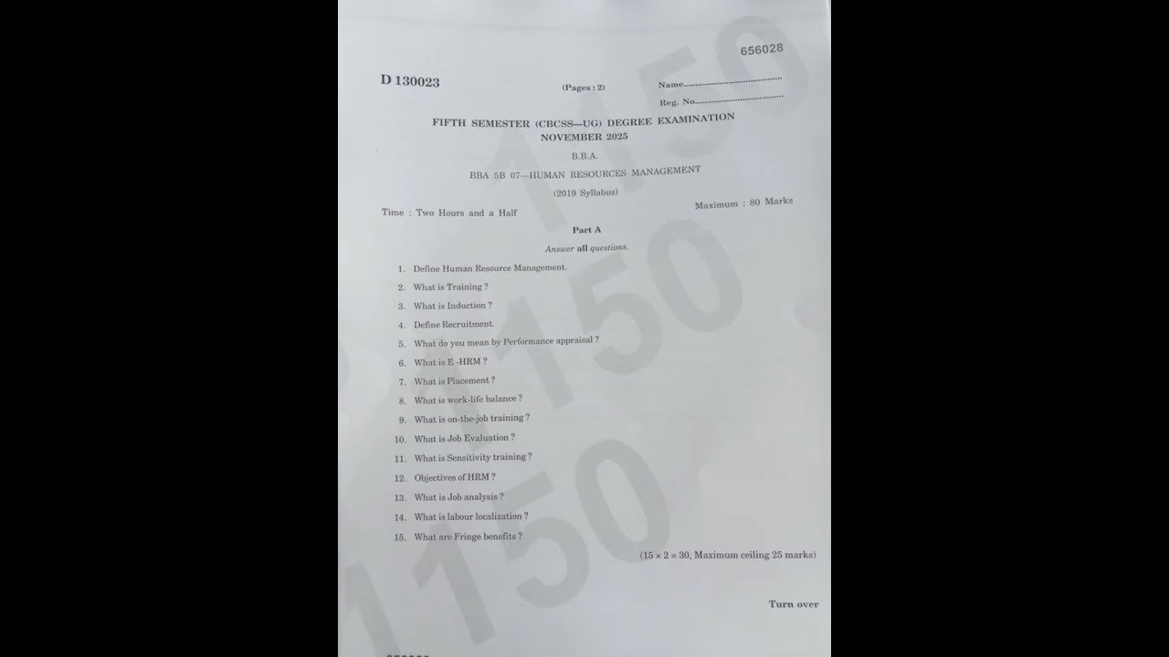 | 5th sem BBA Calicut University human resource management question paper 2025|