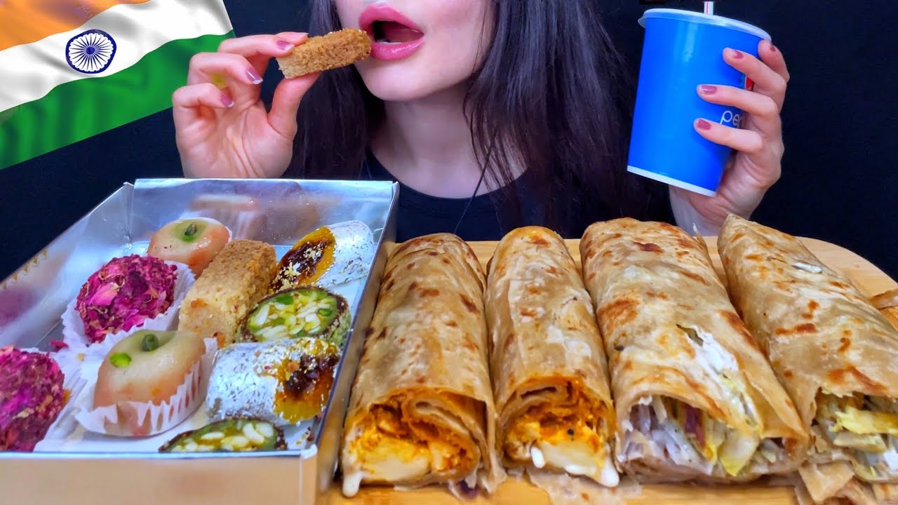 ASMR INDIAN FOOD + SWEETS MUKBANG (No Talking) EATING AFGHANI CHICKEN + PANEER PARATHA ROLLS