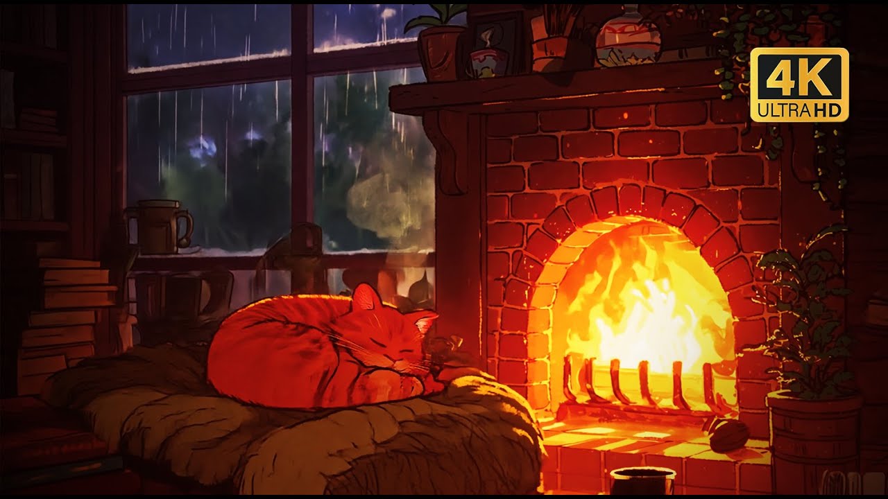 Cozy Lofi Cabin 🌧️ Heavy Rain & Fireplace Sounds for Sleep | Sleeping Cat Ambience