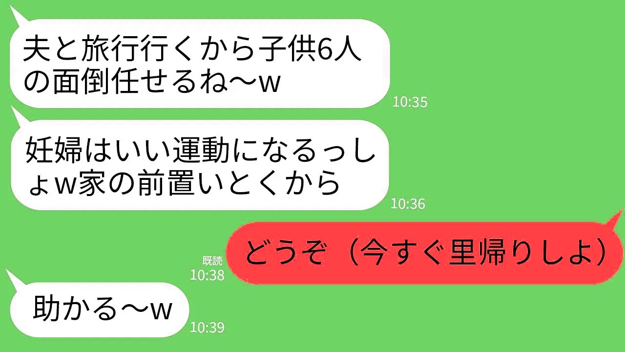 【LINE】臨月の私に子供6人を勝手に預ける自己中義姉「夫婦で旅行だから子供よろしくw家の前置いとく」私「どうぞ」→無視して飛行機で里帰りした結果www